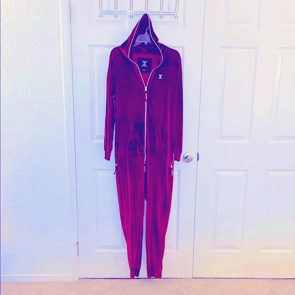 Onepiece Red Velour Hooded Jumpsuit with Zippers
